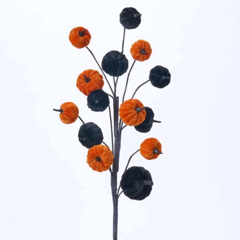 Black and Orange Velvet Pumpkin Spray Decorative Halloween Branch - 30 inch - Black and