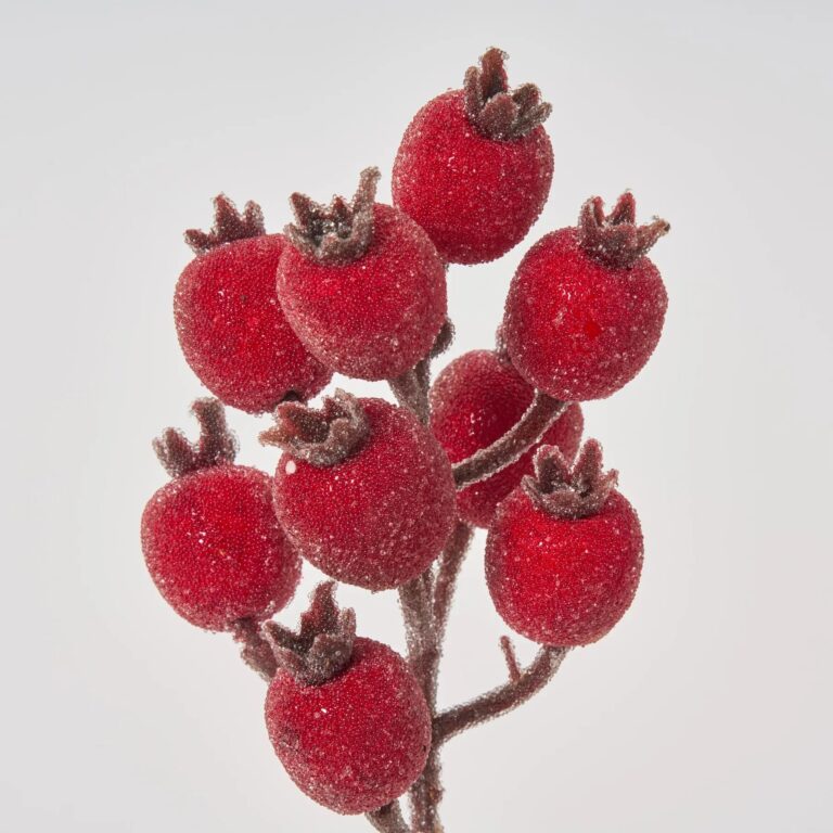 Close-up of bloom tips on this Beaded Red Crabapple Pick Faux Fruit Branch Spray