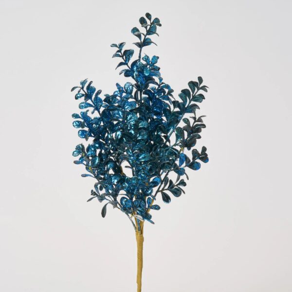 Painted Metallic and Sequin Glitter Blue Faux Boxwood Bush Spray - 19 inch - Dark