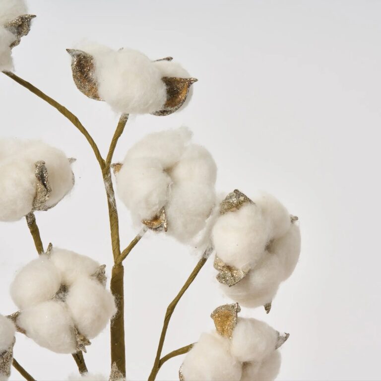Close-up of bloom tips on this White Cotton and Silver Glitter Glitter Branch Spray
