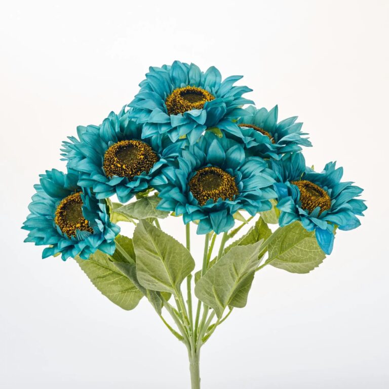 Turquoise Blue Faux Floral Sunflower Heads Bush Bouquet - 17 inch
