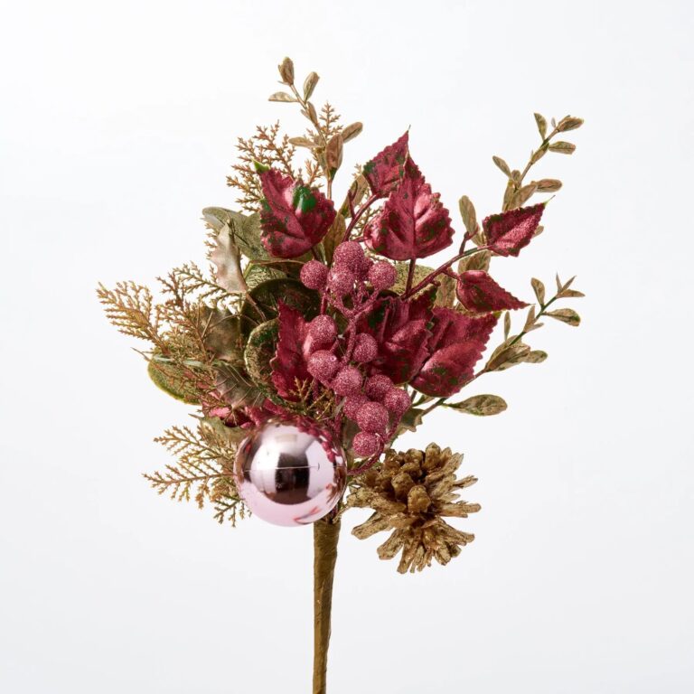 Champagne Gold and Pink Glitter Leaf, Berry, Pinecone Ball Holiday Spray - 16 inch