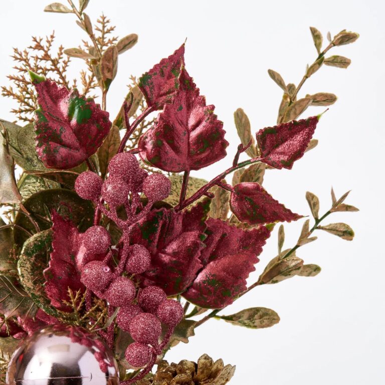 Close-up of bloom tips on this Champagne Gold and Pink Glitter Ball Holiday Spray