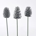 Silver Painted Pinecone on Green Wood Pick - Set of 3