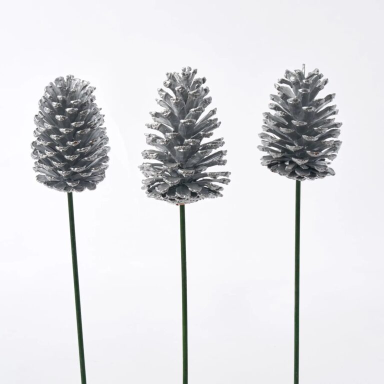Silver Painted Pinecone on Green Wood Pick - Set of 3