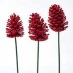 Red Painted Pinecone with Red Glitter Tip on Green Wood Pick - Set of 3