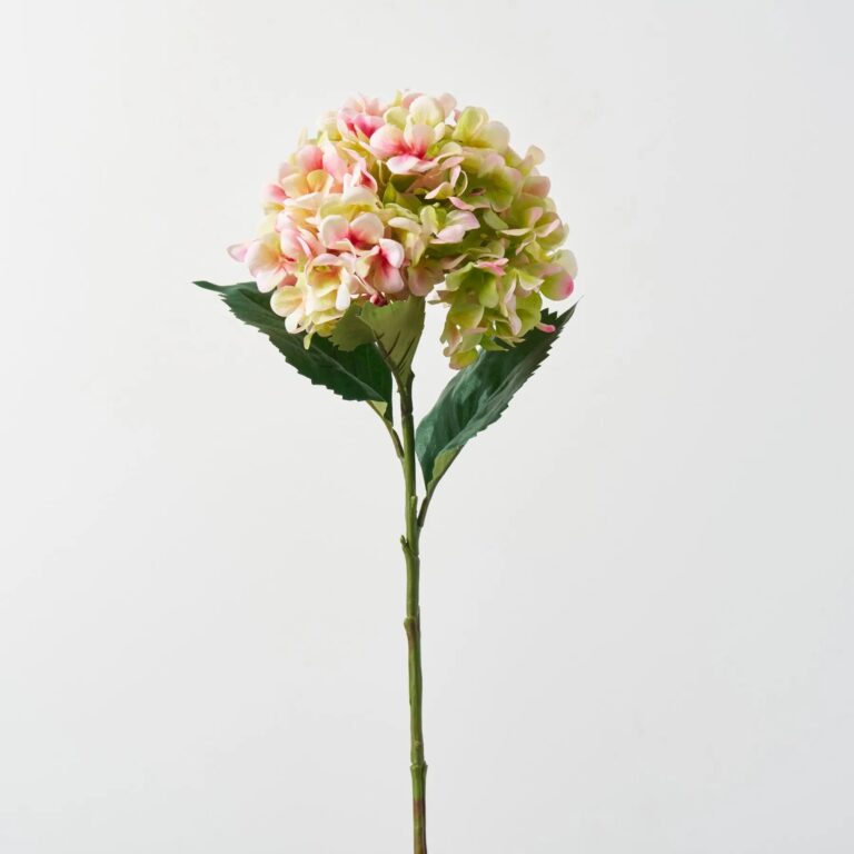 Green Pink Silk Faux Floral Hydrangea Stem Spray - 26 inch - Green and Pink
