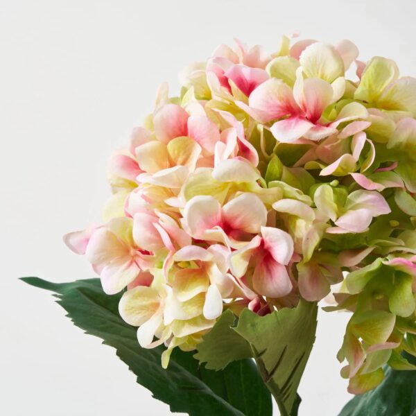 Close-up of bloom tips on this Green Pink Silk Faux Floral Hydrangea Stem Spray