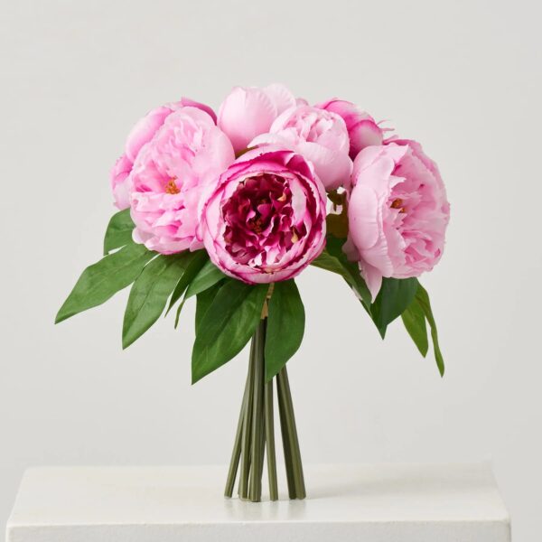 Pink Peony Blooms and Leaves Faux Floral Bouquet Bundle of 9 Stems - 12 inch