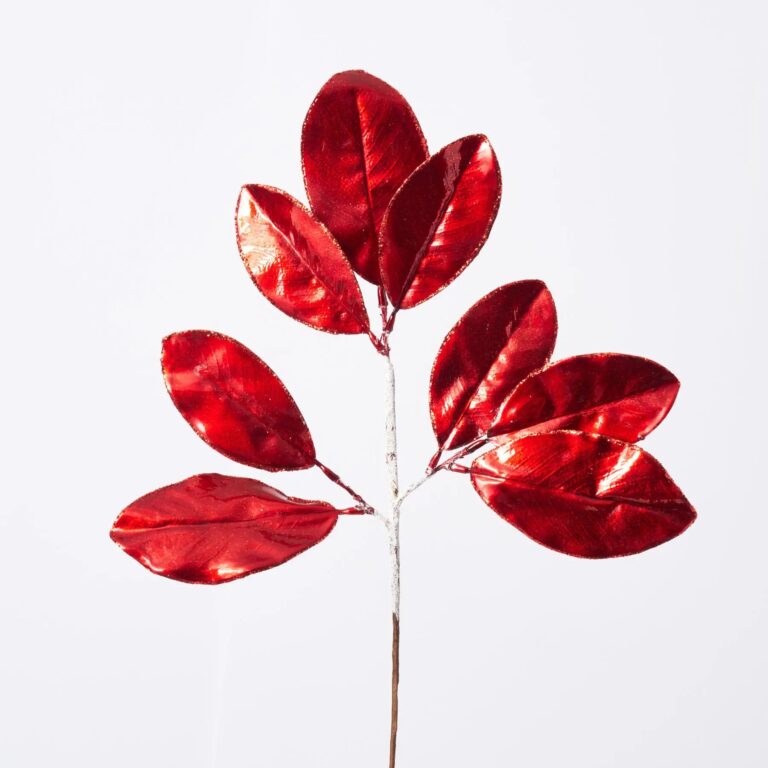Metallic Red Glittered Faux Magnolia Leaves on Stem - 24 inch