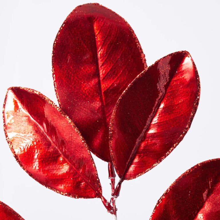 Close-up of bloom tips on this Metallic Red Glittered Faux Magnolia Stem - 24