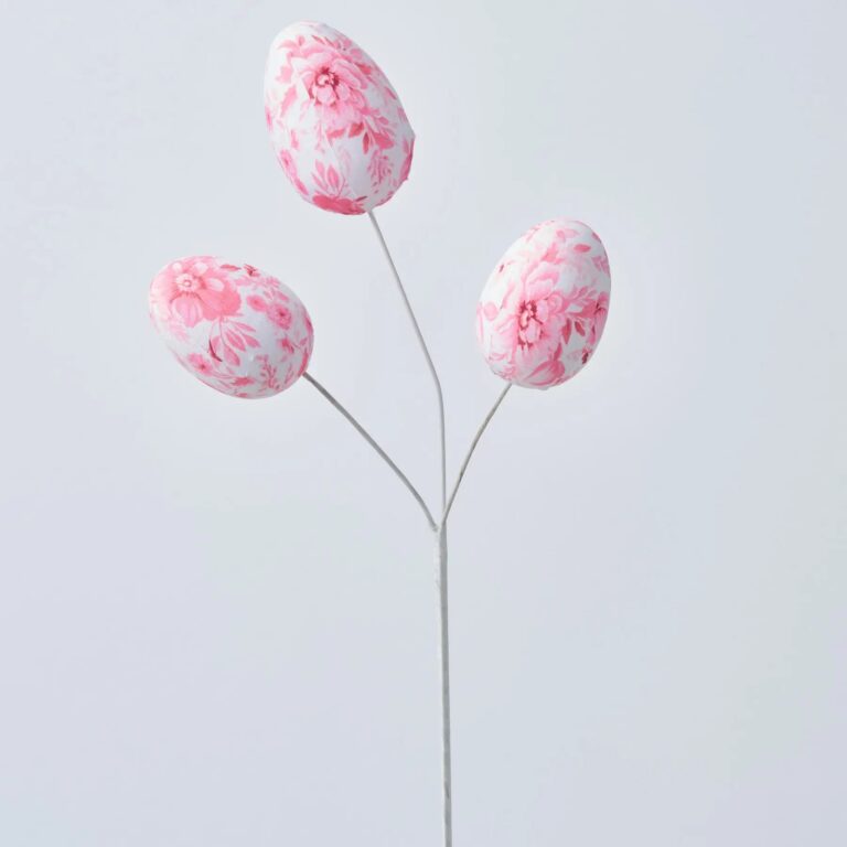 Pink and White Fabric Toile Easter Egg Stem Branch - 18 inch