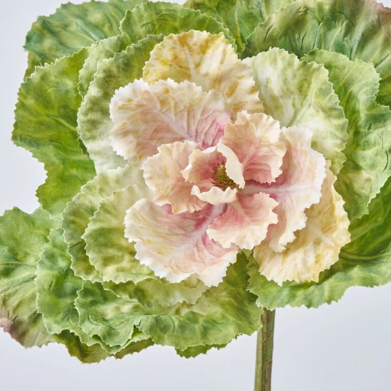 Close-up of bloom tips on this Blush Green Faux Ornamental Cabbage Blossom Stem Pick