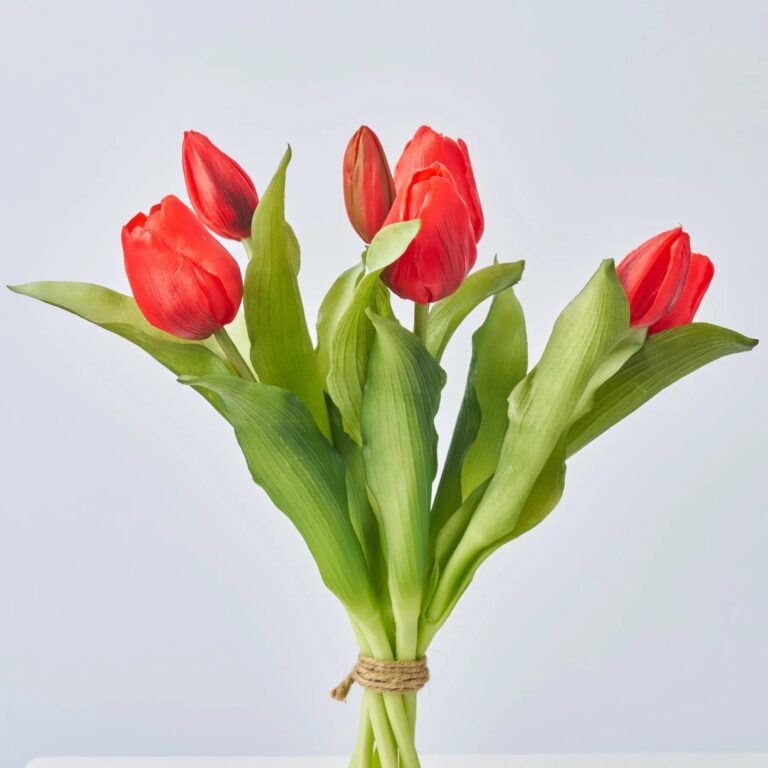 Real Touch Red Faux Tulip Flower Bouquet Bundle of 7 Stems - 12 inch