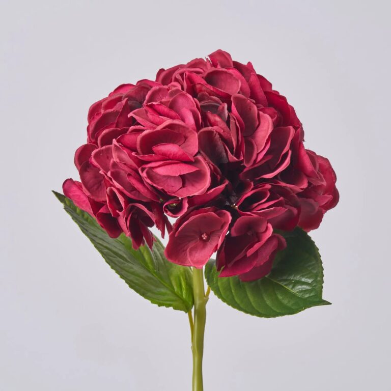 Close-up of bloom tips on this Real Touch Wine Burgundy Hydrangea Faux Floral Stem