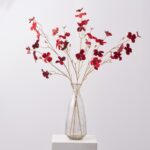 Red Velvet Dogwood Blooms on Gold Stem Faux Holiday Christmas Spray - 41 inch