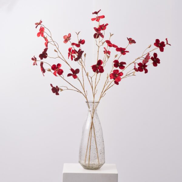 Red Velvet Dogwood Blooms on Gold Stem Faux Holiday Christmas Spray - 41 inch