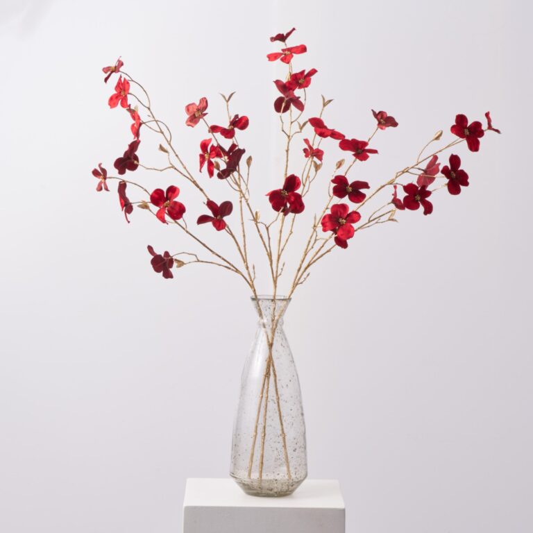 Red Velvet Dogwood Blooms on Gold Stem Faux Holiday Christmas Spray - 41 inch