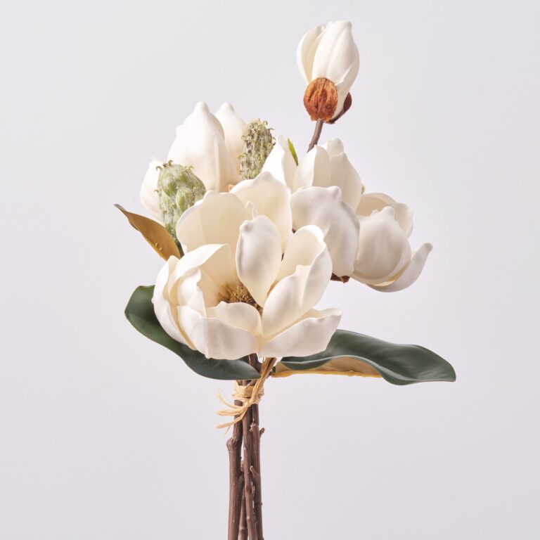 Real Touch White Magnolia Blooms and Bud Faux Floral 5 Stems - 16 inch, faux