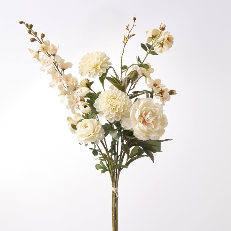 White Peony, Dahlia, Ranunculus and Delphinium Large Faux Everyday Mixed Floral Bouquet - 36 inch