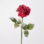 Snowy Glittered Edge Velvet Red Rose Single Bloom Winter Holiday Stem - 26 inch