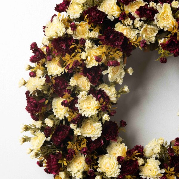 Close-up of blooms and berries on this Merlot and Ivory Mini Mum Floral Autumn Wreath