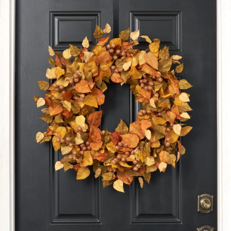 Fall Aspen Leaves with Metallic Copper Berries Fall Front Door Wreath