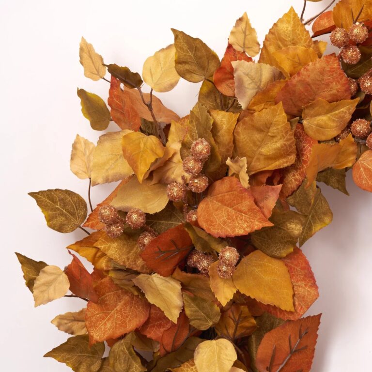 Close-up of blooms and berries on this Fall Aspen Leaves with Metallic Front Door Wreath