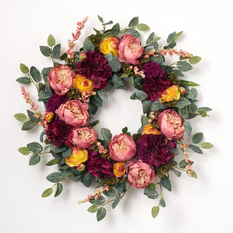 Fall Sangria - Yellow Ranunculus, Mauve Peony and Wine Hydrangea Fall Front Door Wreath