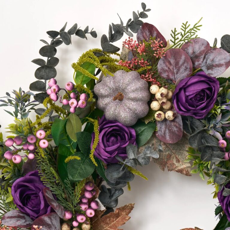 Close-up of blooms and berries on this Witches Brew - Purple Pumpkin, Front Door Wreath