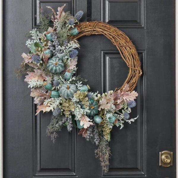 Autumn on the Coast - Teal Pumpkin, Oak Leaves, Front Door Wreath - Teal