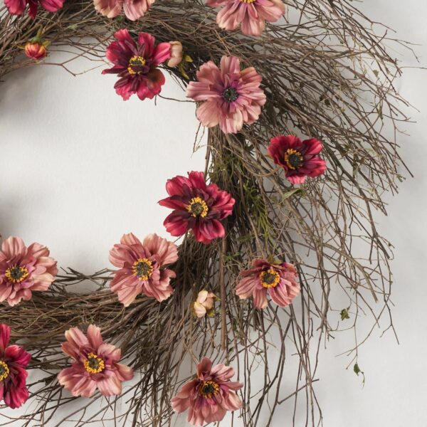 Close-up of blooms and berries on this Burgundy and Blush Mini Cosmos Door Fall Wreath