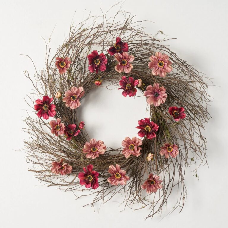 Burgundy and Blush Mini Cosmos Wispy Birch Twig Front Door Fall Wreath - Wine