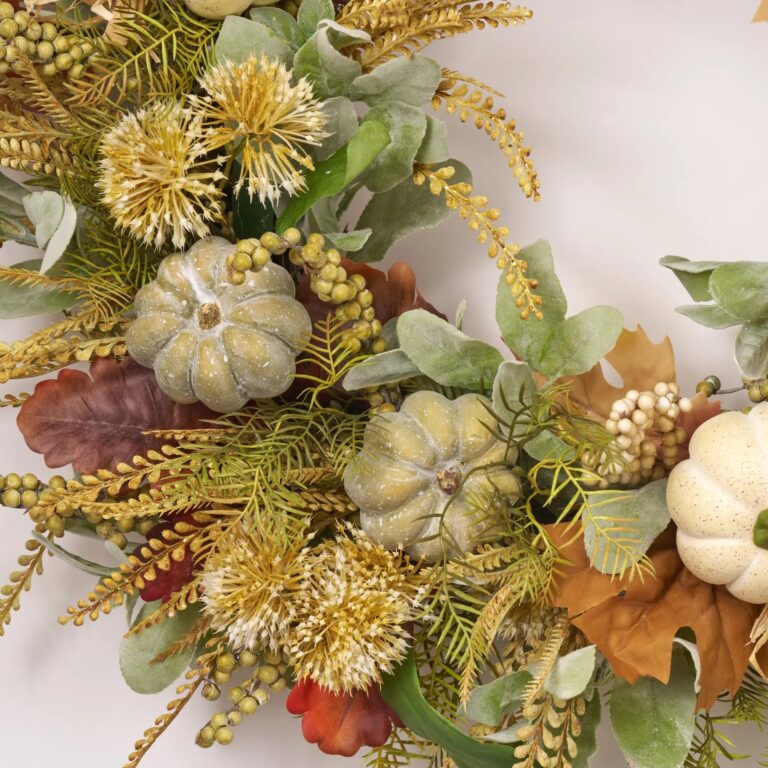 Close-up of blooms and berries on this Lamb's Ear, Oak Leaf, Mixed Front Door Wreath