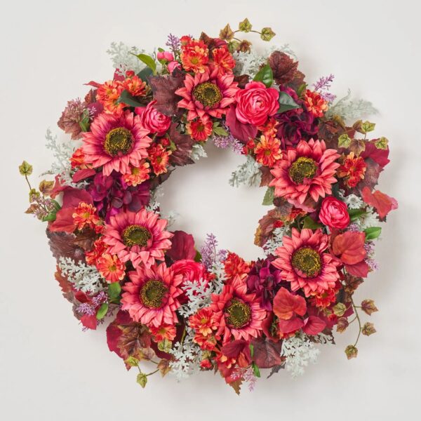 Close-up of blooms and berries on this Magenta Haze - Sunflower, Hydrangea, Front Door Wreath