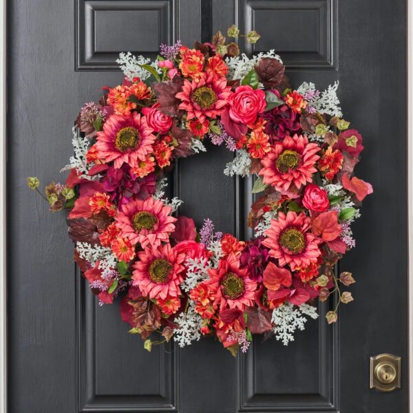 Magenta Haze - Sunflower, Hydrangea, Ranunculus and Zinnia Summer Fall Front Door Wreath