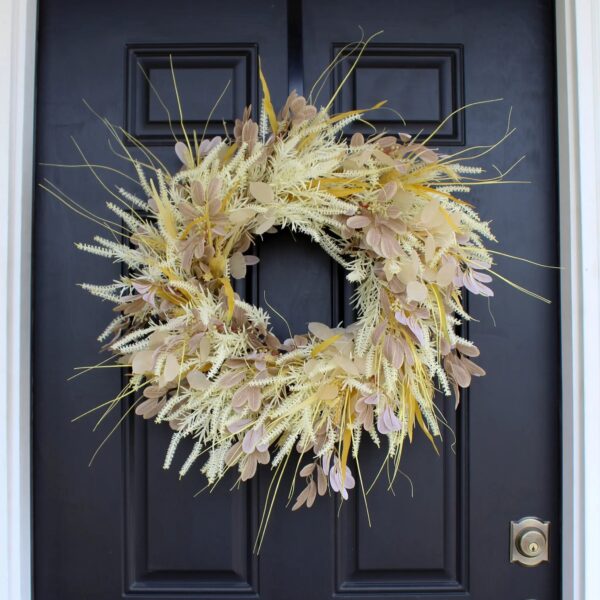 Cream Astilbe, Yellow Wheat Grass and Lunaria Dried - Look Neutral Front Door Fall Wreath
