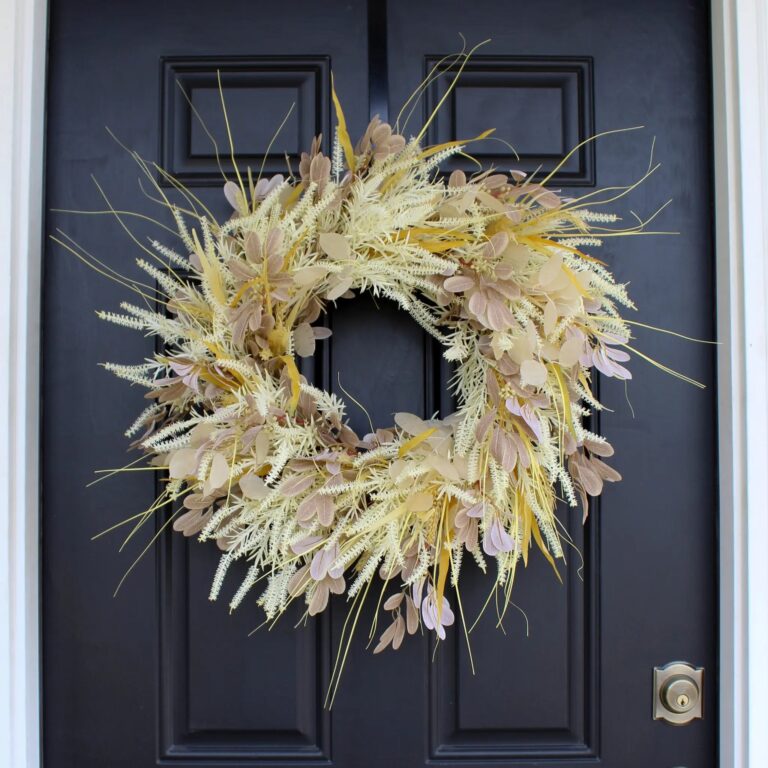 Cream Astilbe, Yellow Wheat Grass and Lunaria Dried - Look Neutral Front Door Fall Wreath
