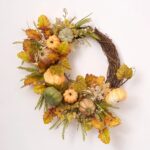 Sage, Orange and Brown Pumpkins with Oak Leaf Front Door Wreath