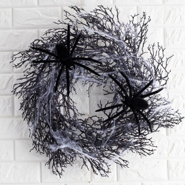 The Black Widow - Glitter Branch and Cobweb Wreath with Black Velvet Spider Halloween Wreath