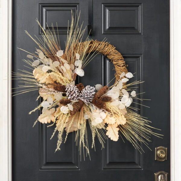 Cashmere and Pinecones - Bleached Pine, Lunaria Oak Leaf Front Door Wreath - 26 inch