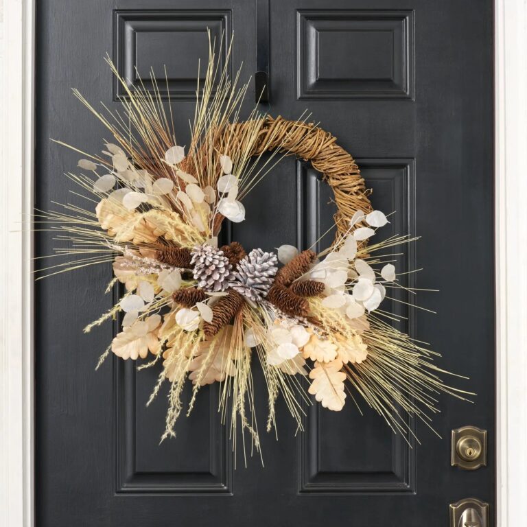 Cashmere and Pinecones - Bleached Pine, Lunaria Oak Leaf Front Door Wreath - 26 inch