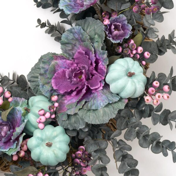Close-up of blooms and berries on this Spellbound - Purple Cabbage, Purple Halloween Fall Wreath
