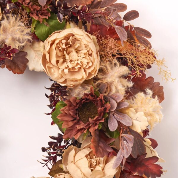 Close-up of blooms and berries on this Cashmere Radiance - Cafe au Front Door Wreath