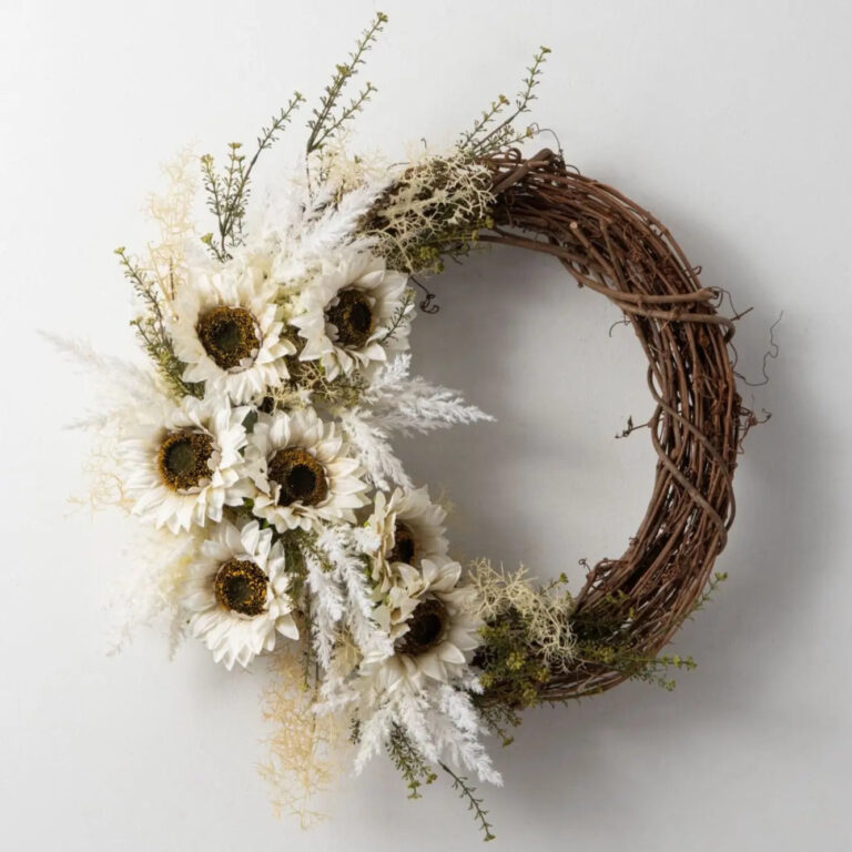 Autumn In Full Bloom - White Sunflower and Faux Door Fall Wreath - White