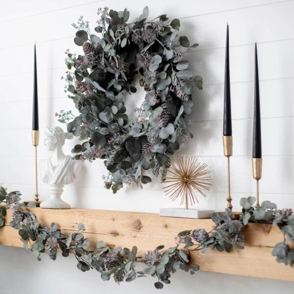 Close-up of blooms and berries on this Candlelit Evenings - Faux Dusty Door Winter Wreath