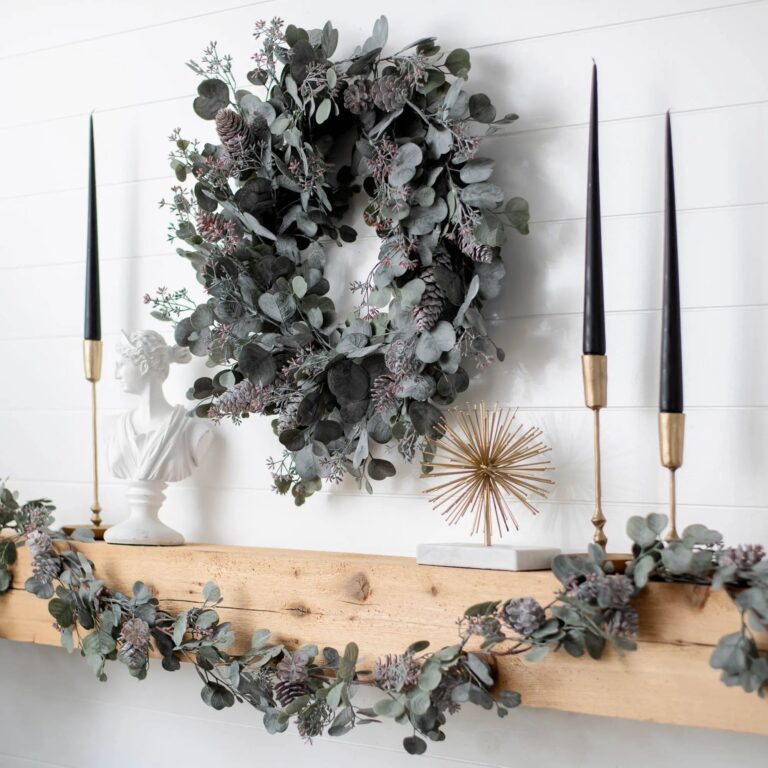 Close-up of blooms and berries on this Candlelit Evenings - Faux Dusty Door Winter Wreath