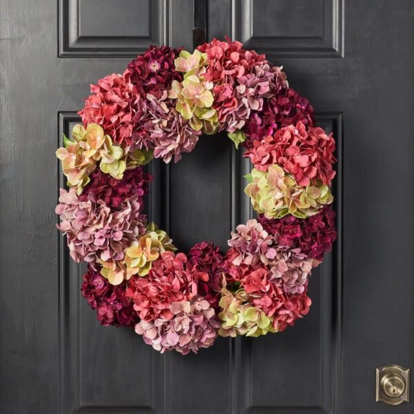 Fall Watercolors - Mixed Wine and Mauve Hydrangea Autumn Bloom Front Door Mantel Wreath