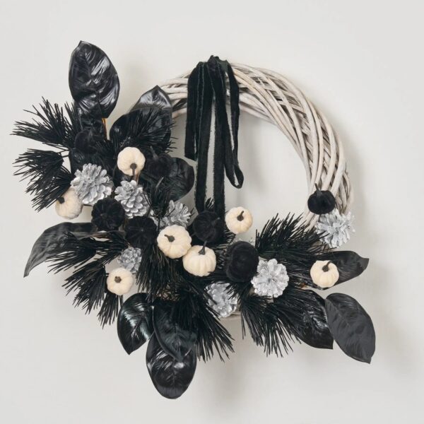 Macabre Magnolia - Black Jagged Pine, Magnolia Leaf Door Mantle Wreath - 22 inch