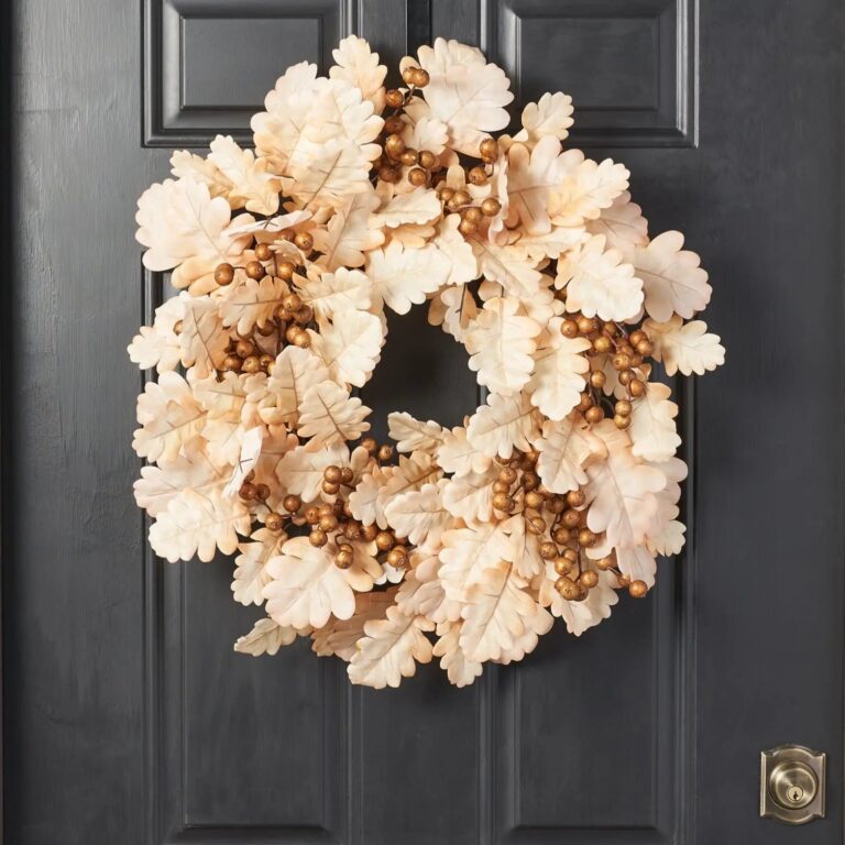 Bleached Cream Oak Leaf and Toffee Brown Berry Fall Wreath - Cream
